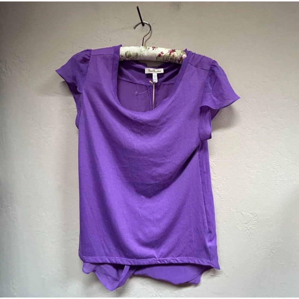 True Freedom Large Scoop Neck Flutter Sleeve Top Mesh Split Back Purple New